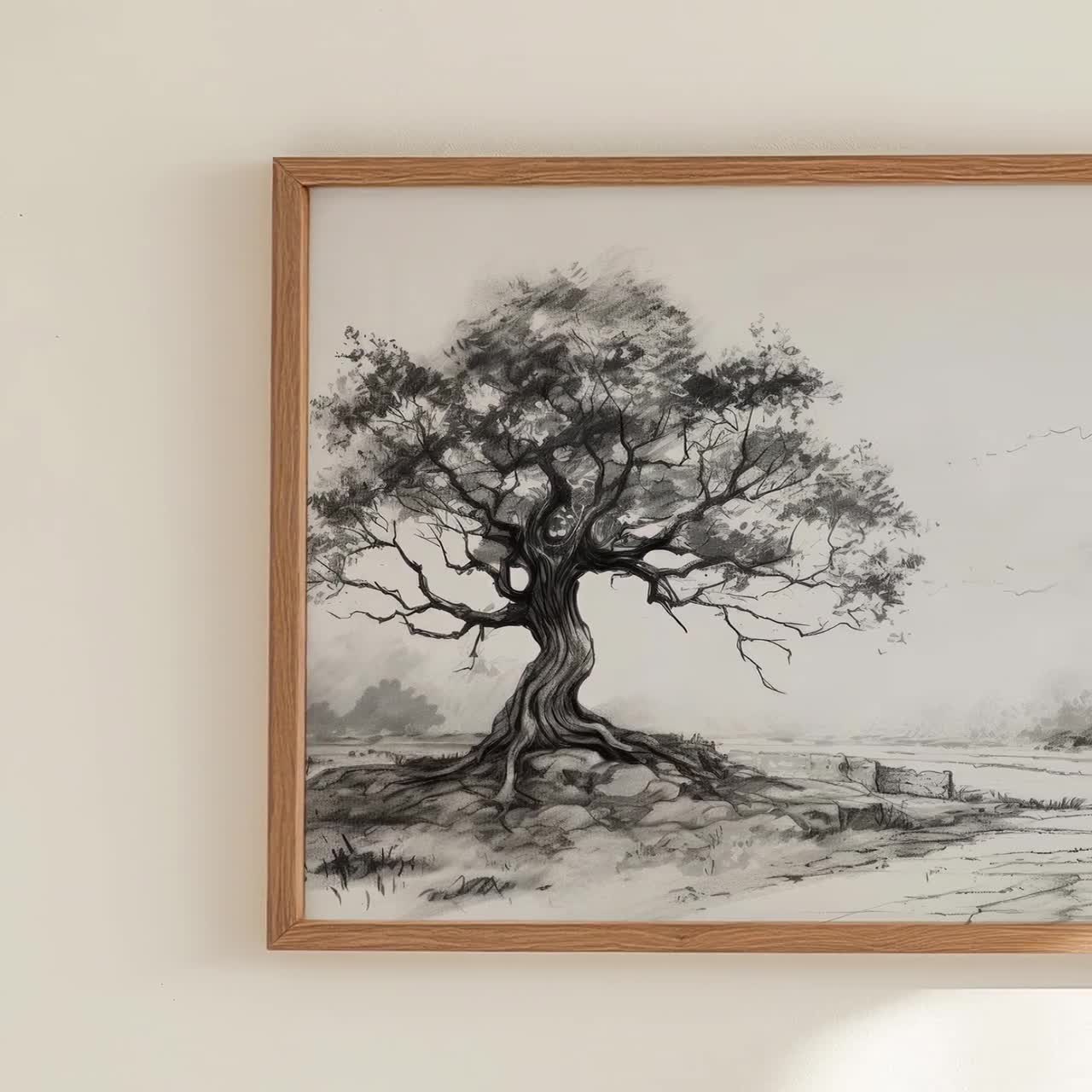 ラフでニュートラルなヴィンテージ風景画、アンティークな木の絵、植物